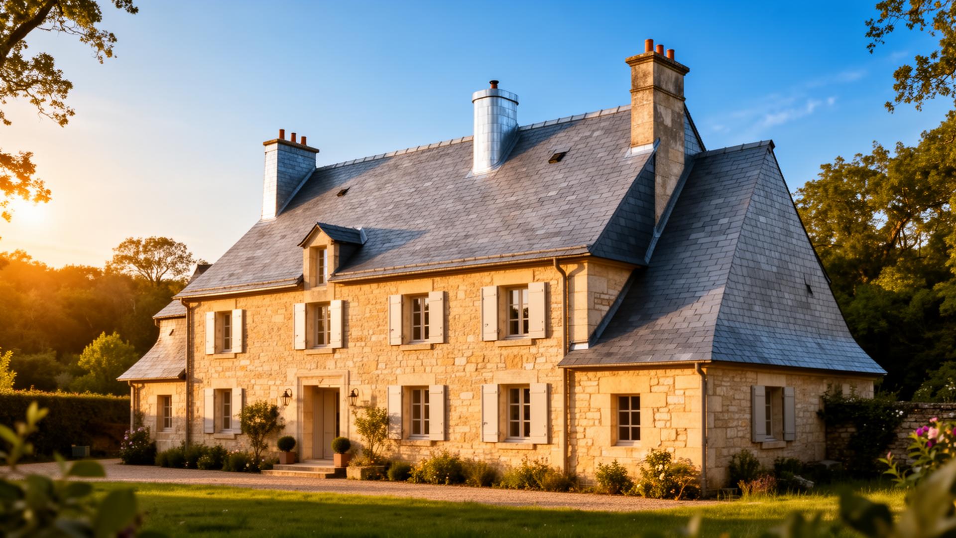 Maison française en pierre avec toiture en ardoise